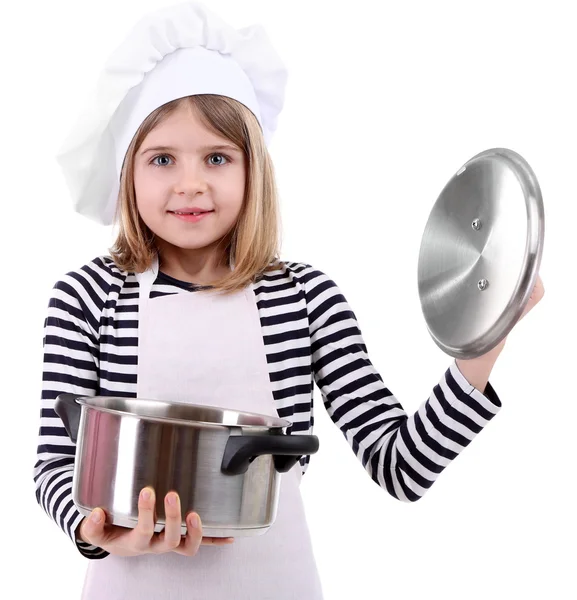 Beautiful little girl holding pan isolated on white — Stock Photo, Image