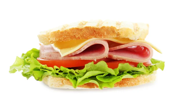 Sándwich sabroso con jamón, aislado en blanco — Foto de Stock