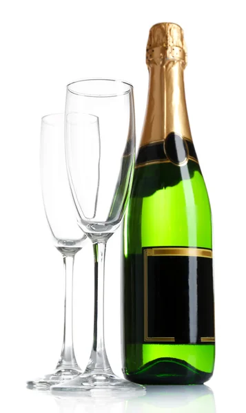 Fles champagne en lege glazen, geïsoleerd op wit — Stockfoto