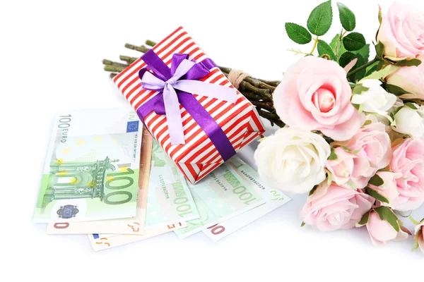 Gift box with money and flowers isolated on white — Stock Photo, Image