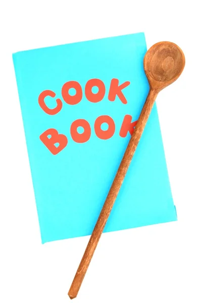 Голубая кулинарная книга и посуда, изолированная на белом — стоковое фото