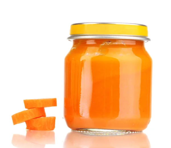 Jar of baby puree with carrot isolated on white — Stock Photo, Image