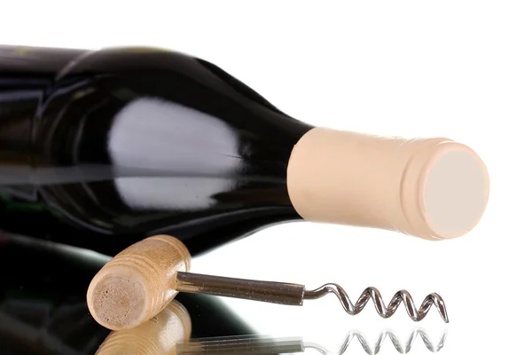 Flaska bra vin och corkscrew isolerad på vit — Stockfoto