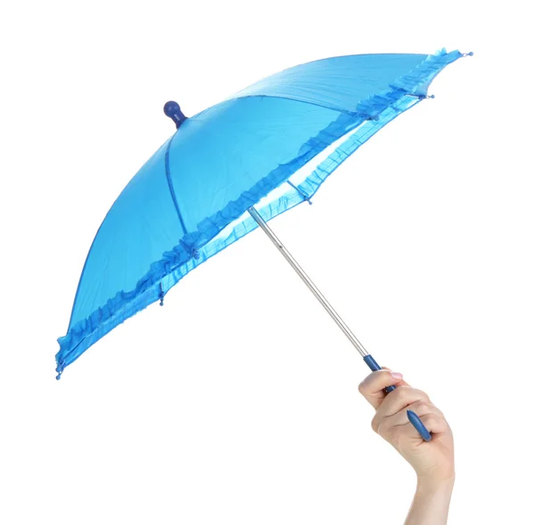 Guarda-chuva azul na mão isolado em branco — Fotografia de Stock