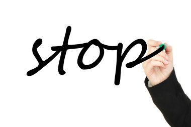 şeffaf tahtada kelime stop yazma el