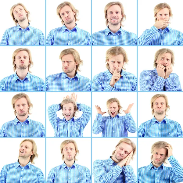 Collage de apuesto hombre emocional aislado en blanco — Foto de Stock