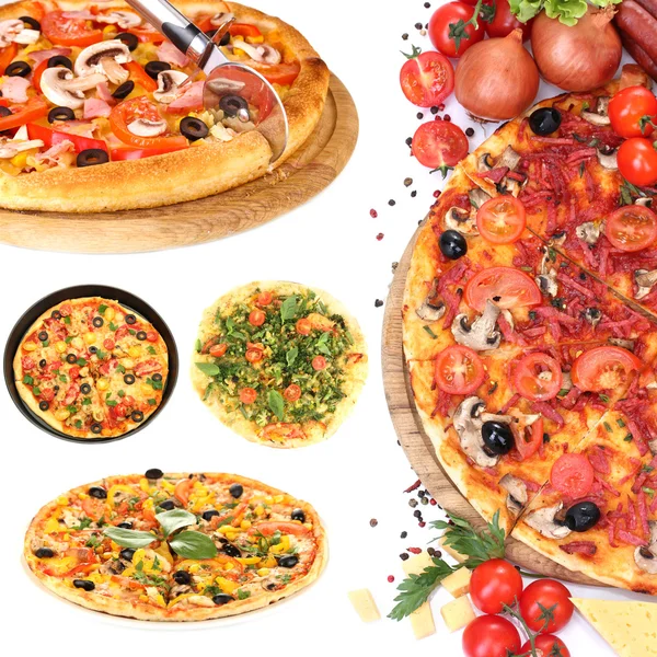 Collage de varias pizzas aisladas en blanco — Foto de Stock