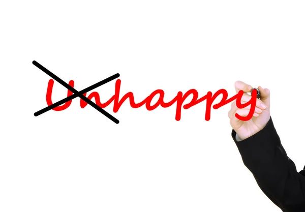 Hand turning word unhappy into happy — Stock Photo, Image