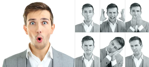 Collage eines gut aussehenden emotionalen Mannes isoliert auf Weiß — Stockfoto