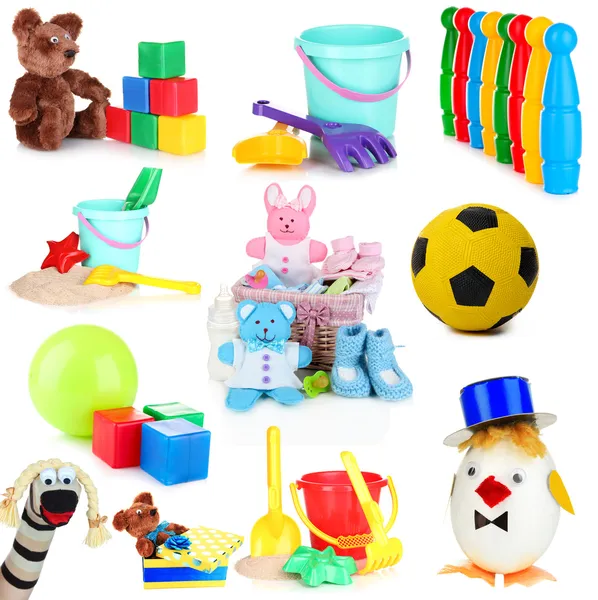 Colagem de brinquedos infantis isolados em branco — Fotografia de Stock