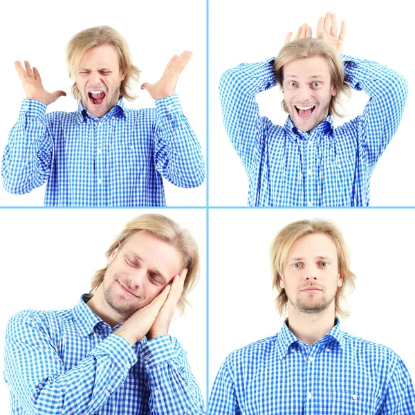 Colagem de belo homem emocional isolado em branco — Fotografia de Stock