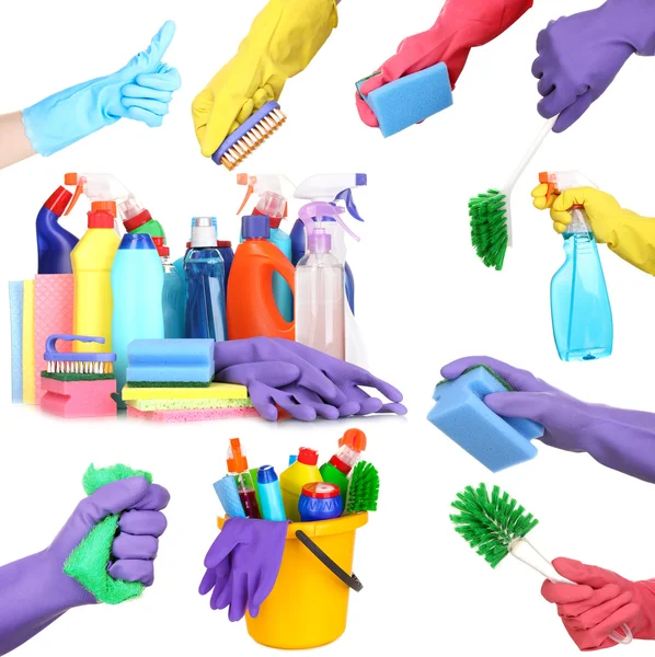 Cleaning items in hands isolated on white — Stock Photo, Image