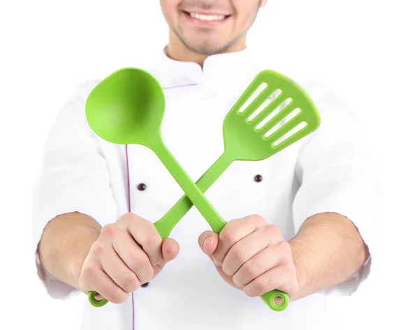 Professional chef in white uniform and hat, isolated on white — Stock Photo, Image