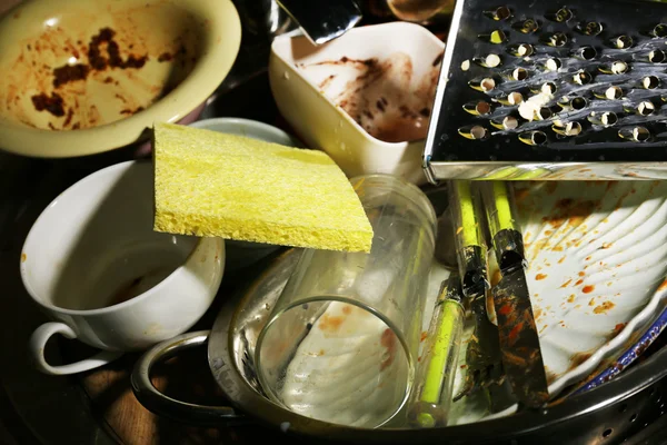 Kitchen utensils need wash close up — Stock Photo, Image