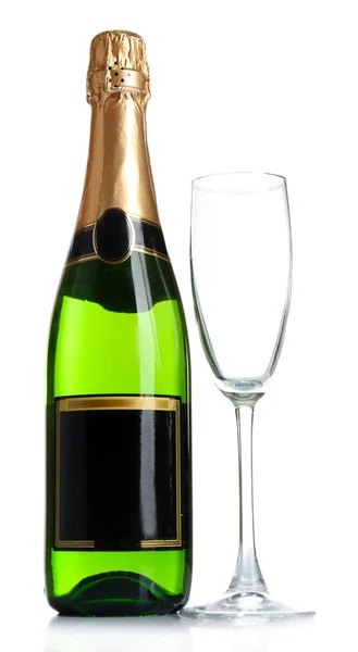 Bottiglia di champagne e bicchiere di champagne vuoto, isolato su bianco — Foto Stock