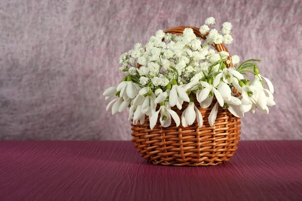 Beautiful snowdrops in basket on  purple table — Stock Photo, Image