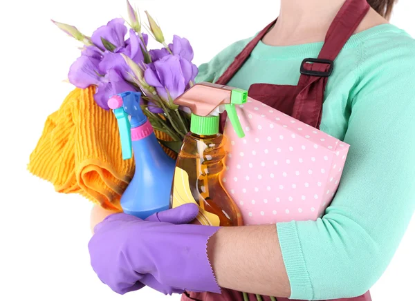 Housewife holding cleaning equipment in her hands. Conceptual photo of spring cleaning. Isolated on white — Stock Photo, Image