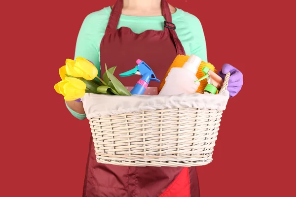 Housewife holding basket with cleaning equipment on color background. Conceptual photo of spring cleaning. — Stock Photo, Image