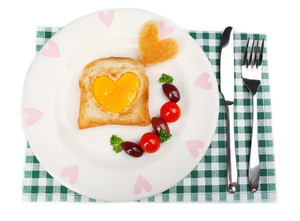 Scrambled eggs with bread on plate, on color napkin — Stock Photo, Image