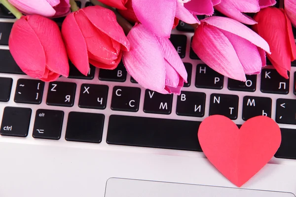 Rött hjärta och blommor på datorns tangentbord på nära håll — Stockfoto