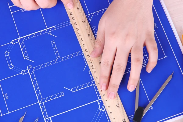 Architectural project with female hands, close up — Stock Photo, Image