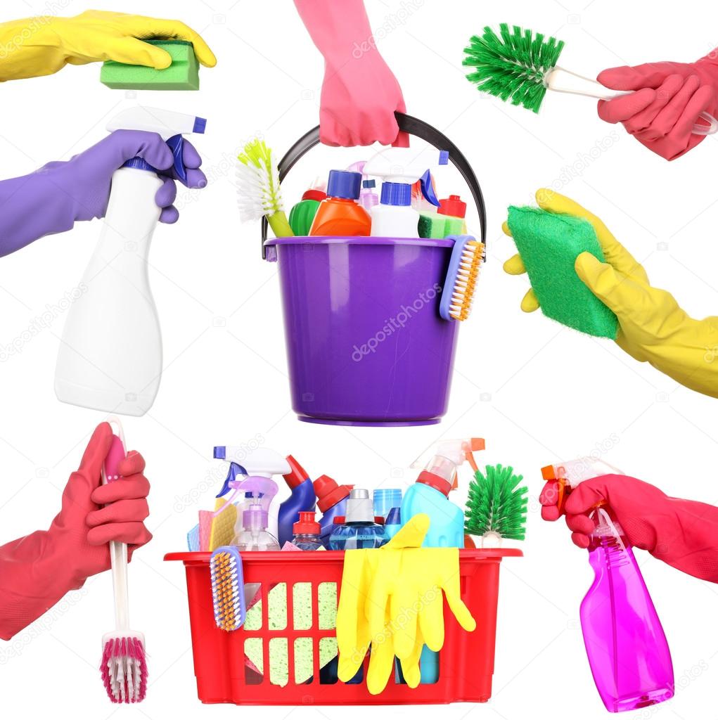 Cleaning items in hands isolated on white — Stock Photo © belchonock