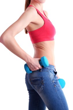 dambıl ile egzersiz genç güzel fitness kız yakın çekim, beyaz izole