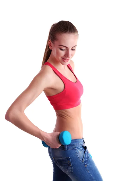 Young beautiful fitness girl exercising with dumbbells, close-up, isolated on white — Stock Photo, Image