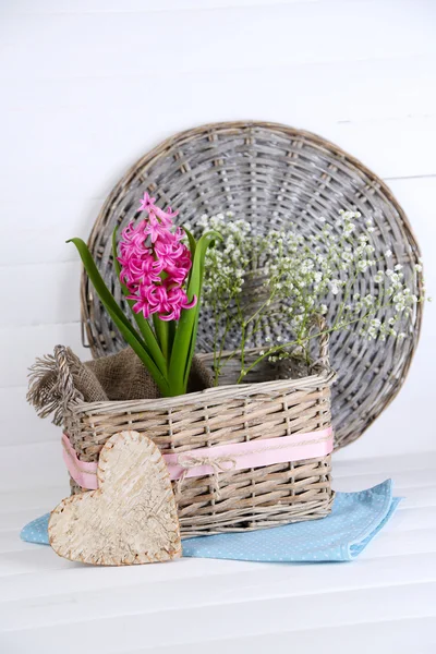 Bellissimo fiore di giacinto in cesto di vimini, su sfondo di legno a colori — Foto Stock