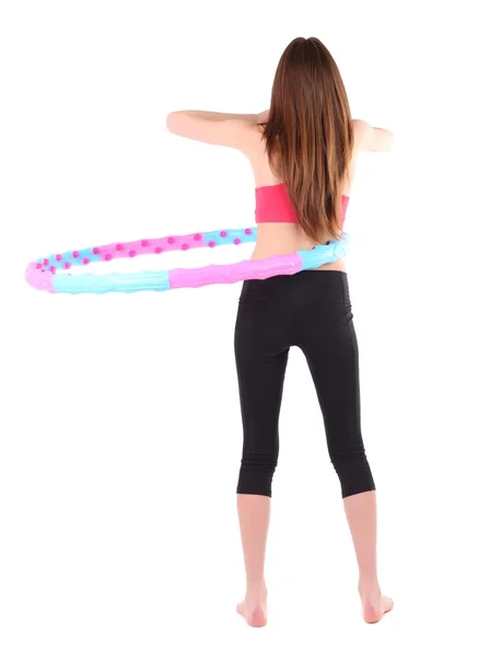 Woman doing exercises with hula hoop isolated on white — Stock Photo, Image