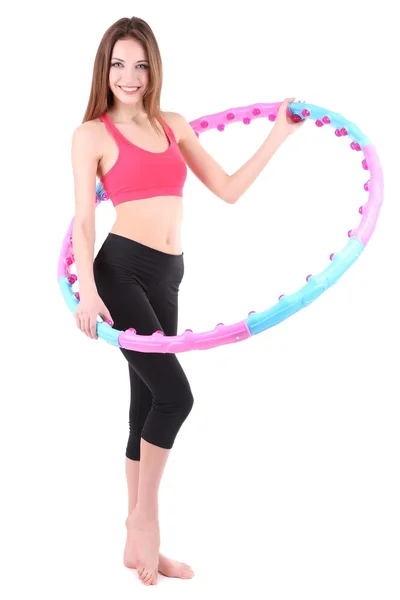 Frau macht Übungen mit Hula-Hoop-Reifen isoliert auf weiß — Stockfoto