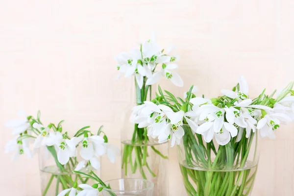 Krásná kytice sněženky v vázy na světlé pozadí — Stock fotografie