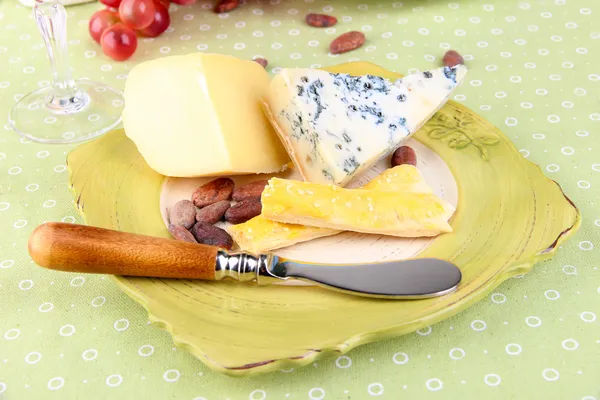 Assorted cheese plate, cocoa beans and grape, close-up — Stock Photo, Image