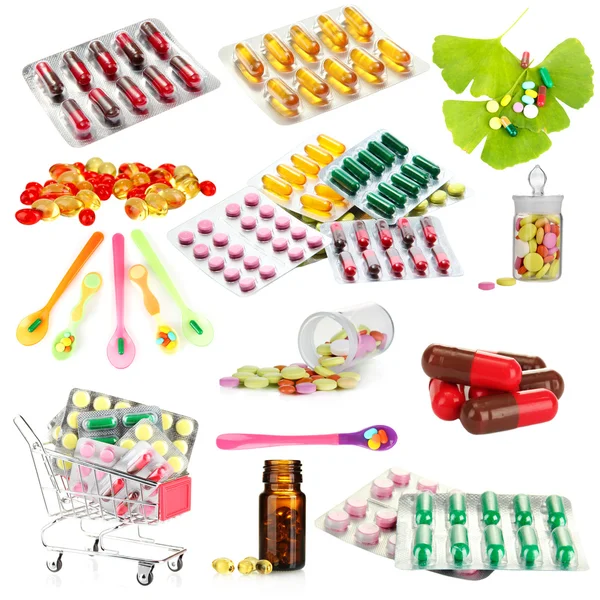 Collage pharmazeutischer Produkte isoliert auf weiß — Stockfoto