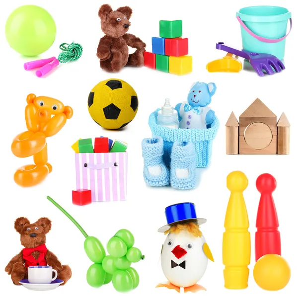 Collage de juguetes infantiles aislados en blanco —  Fotos de Stock