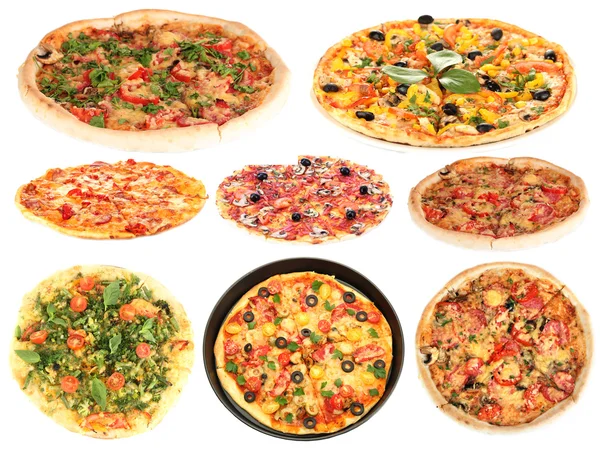 Κολλάζ από διάφορα πίτσα που απομονώνονται σε λευκό — Φωτογραφία Αρχείου
