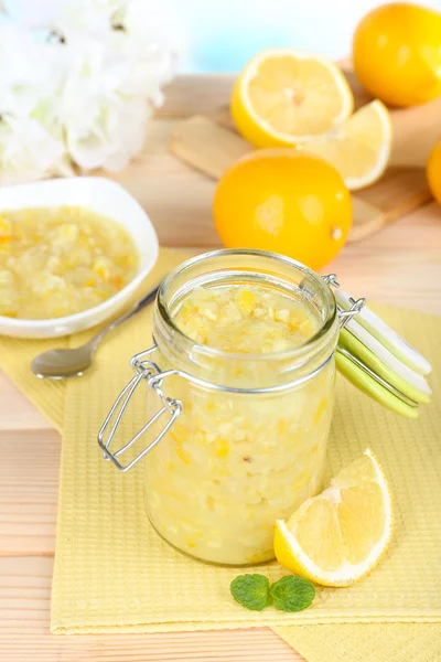 Tasty lemon jam on table close-up — Stock Photo, Image