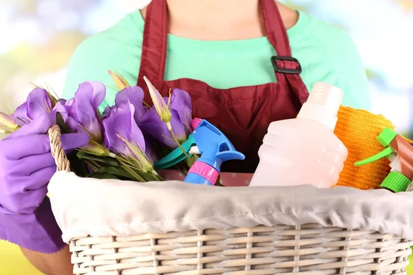 Dona de casa segurando cesta com equipamento de limpeza em fundo brilhante. Foto conceitual de limpeza de primavera . — Fotografia de Stock