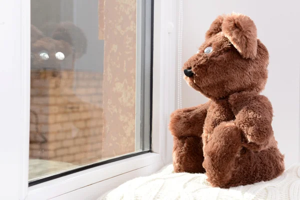 Toy-bear looking out window close-up — Stock Photo, Image