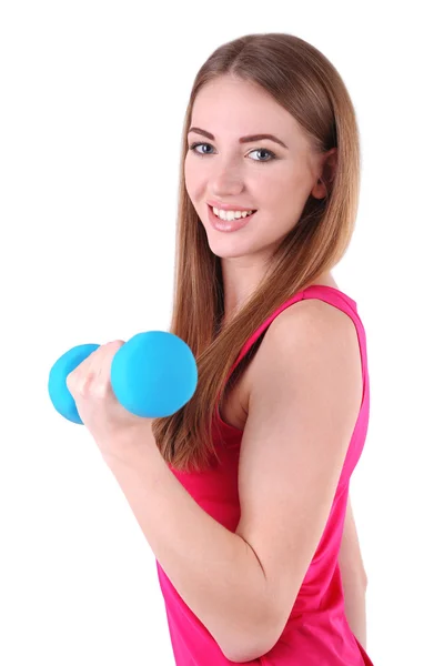 Jeune belle fille de fitness faisant de l'exercice avec des haltères dans la salle de gym — Photo