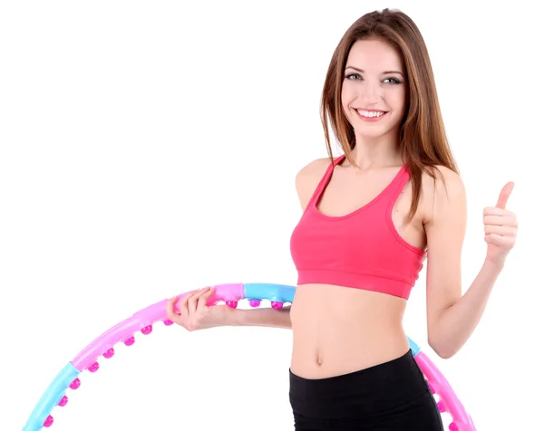 Kadın ile üzerine beyaz izole hula hoop egzersizleri yapıyor — Stok fotoğraf