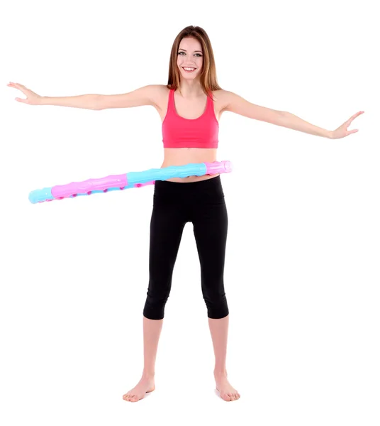 Woman doing exercises with hula hoop isolated on white — Stock Photo, Image