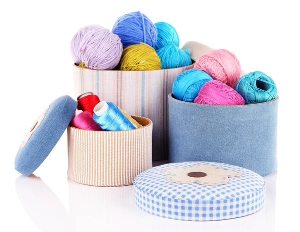 Decorative boxes with colorful skeins of thread isolated on white — Stock Photo, Image