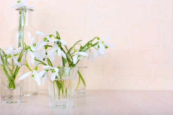 Beaux bouquets de gouttes de neige dans des vases sur fond clair — Photo