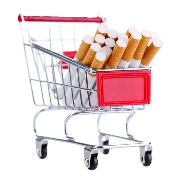 Cigarettes in shopping cart isolated on white — Stock Photo, Image