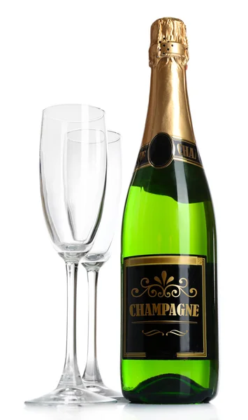 瓶的香槟和空的眼镜，白色衬底上分离 — 图库照片#
