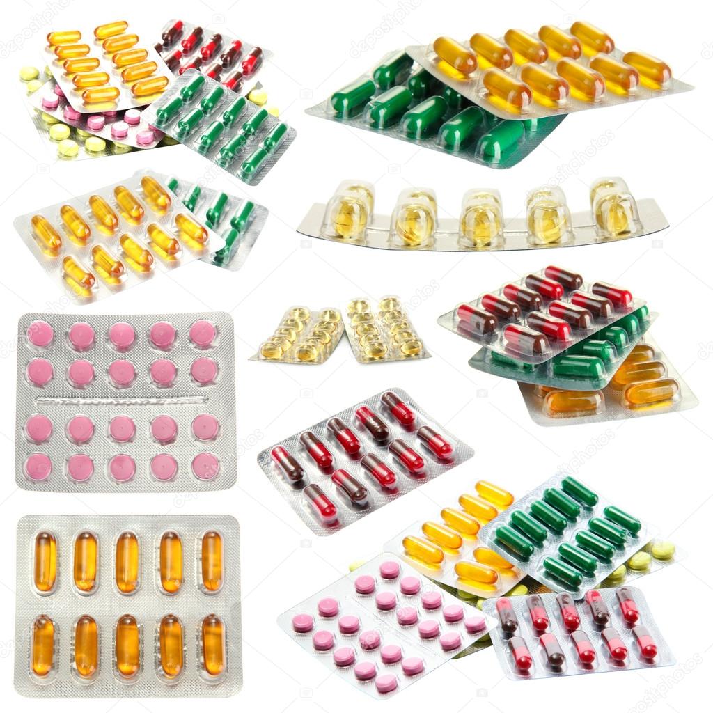 Collage of pills isolated on white