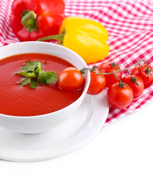 Tasty tomato soup and vegetables, isolated on white — Stock Photo, Image