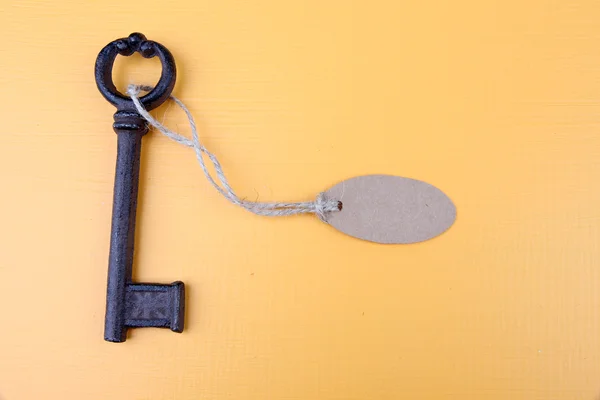 Clave con etiqueta vacía, sobre fondo de color — Foto de Stock