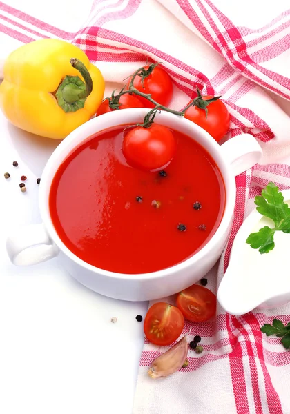 Tasty tomato soup and vegetables, isolated on white — Stock Photo, Image